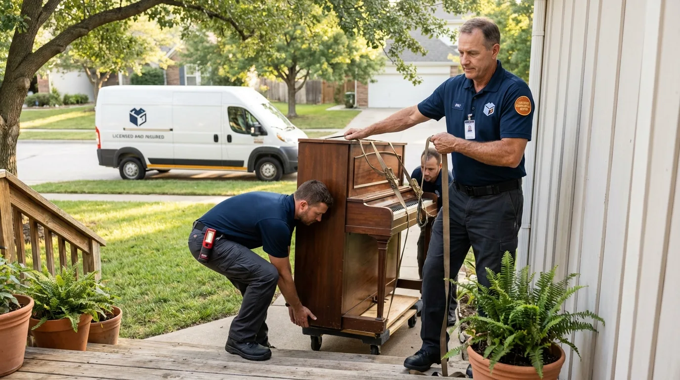 Licensed piano movers securing grand piano in Harbor Springs, MI