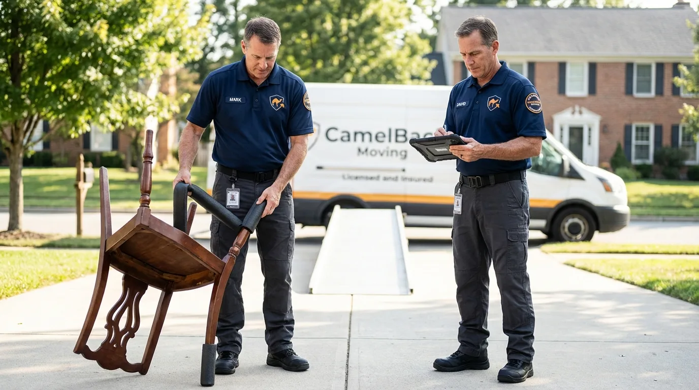 Movers inspecting furniture for damage prevention before loading in Harbor Springs, MI