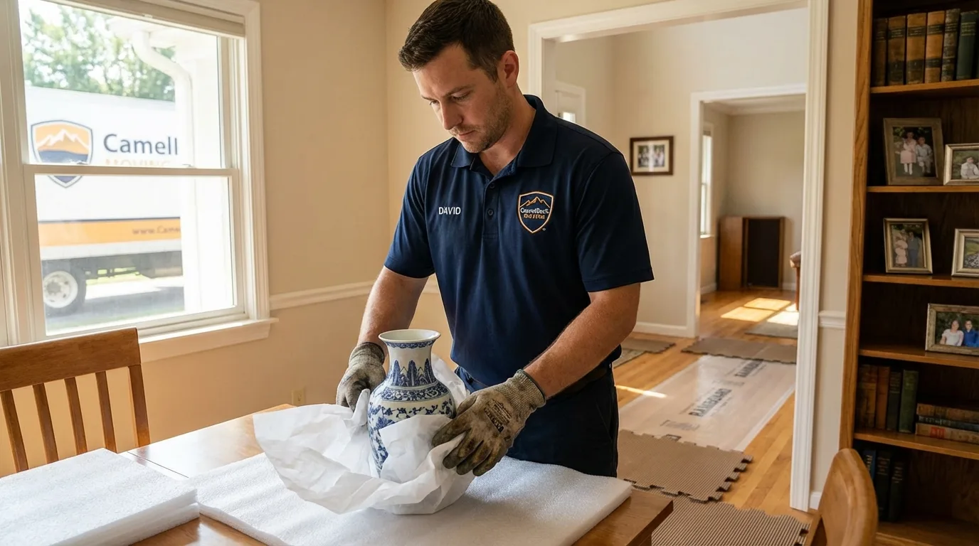 Professional crew carefully wrapping antique vase for senior downsizing move in Harbor Springs, MI